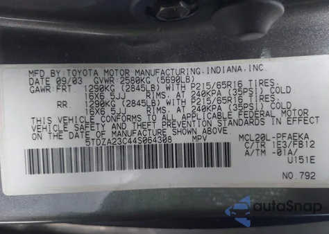 2004 Toyota Sienna Le из США, поврежденный, VIN 5TDZA23C44S064308